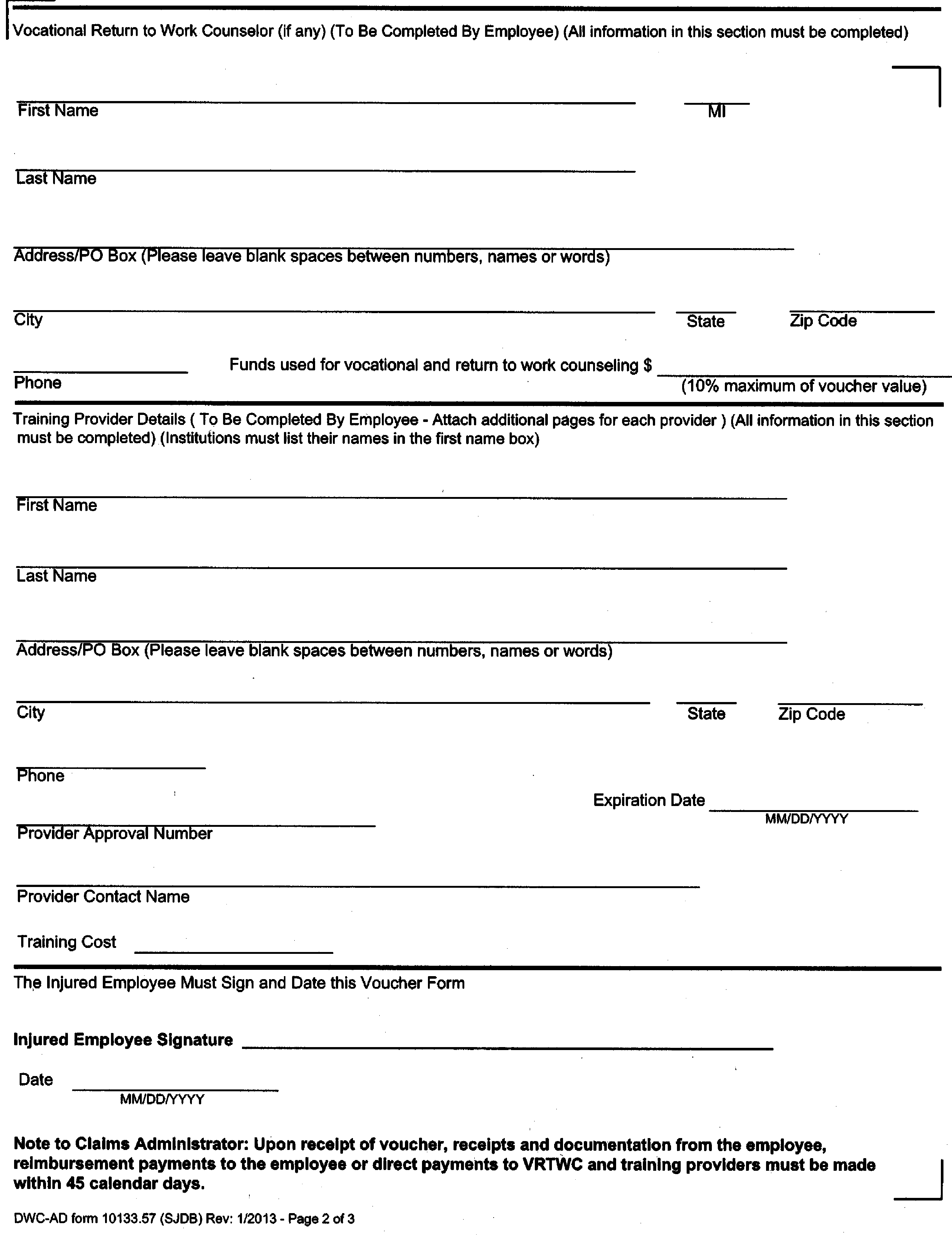 Image 2 within § 10133.57. Form [DWC-AD 10133.57 “Supplemental Job Displacement Nontransferable Training Voucher Form for Injuries Occurring Between 1/1/04 - 12/31/12, Inclusive.”]